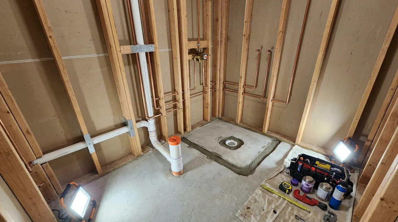 Bathroom rough-in plumbing during remodel by Johns Plumbing LLC in Forman