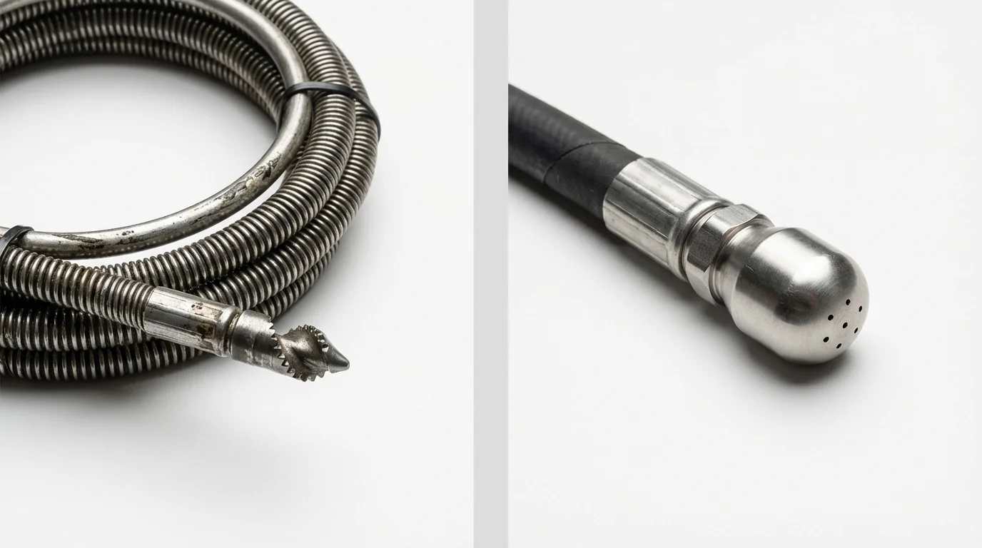 Drain snake cable and hydro jetting nozzle used for drain cleaning in Forman, ND
