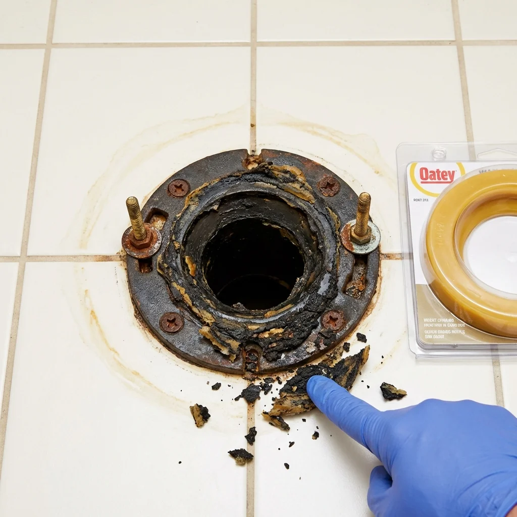 Failed wax ring showing water seepage at the base of a toilet in a Forman, ND home