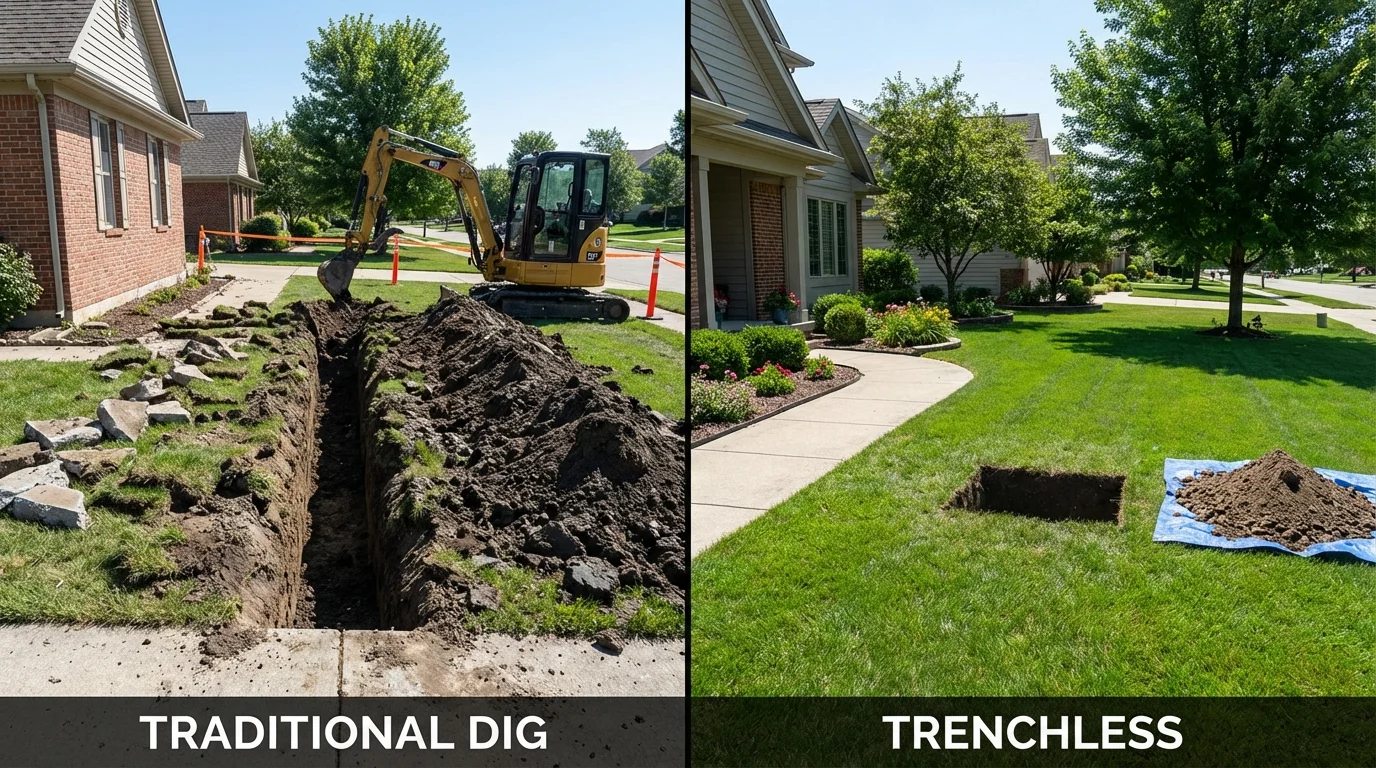 Trenchless sewer repair with minimal yard damage versus traditional excavation in Forman, ND
