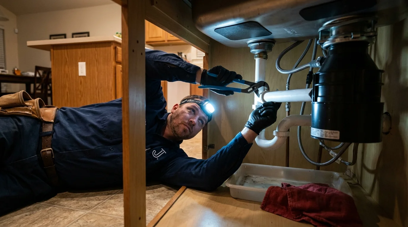 P-trap and supply line connections under a kitchen sink showing a common leak point in Forman, ND